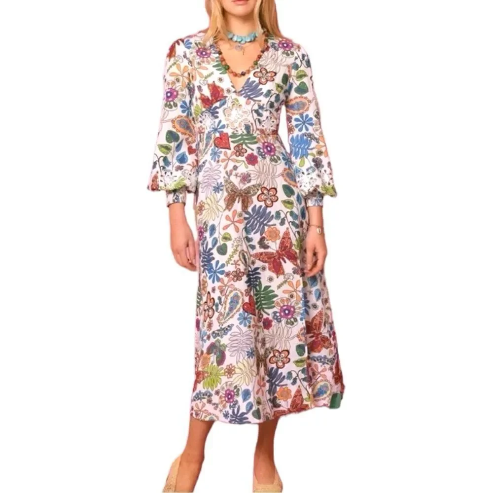 Rixo Dada Dress Woodstock Cream Multi - Picture 1 of 16